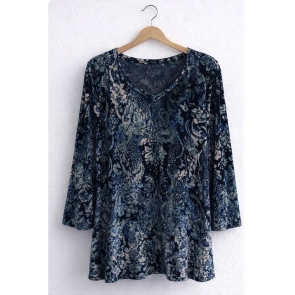Catherines Women Plus 26/28W Velvet Blouse Blue Multicolor Paisley Top 722*15